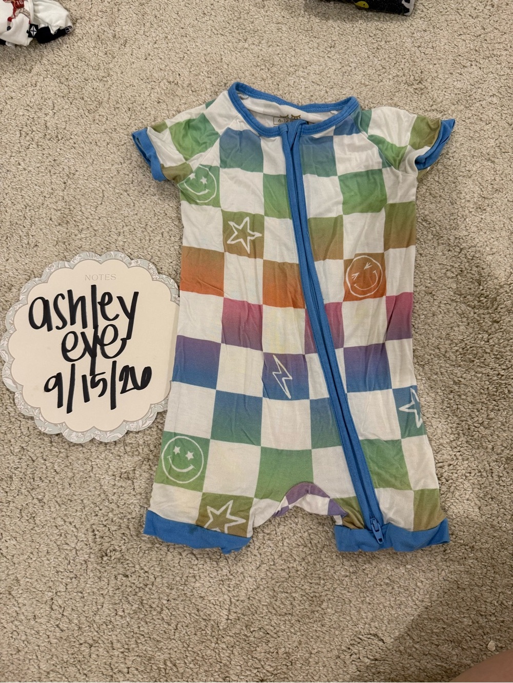Little Sleepies Short-Sleeve One-Piece in Blue Trim with Multicolor Check